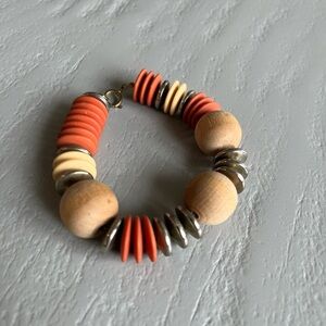 Chunky Boho Wood Metal Beaded Bracelet Orange Cream Statement